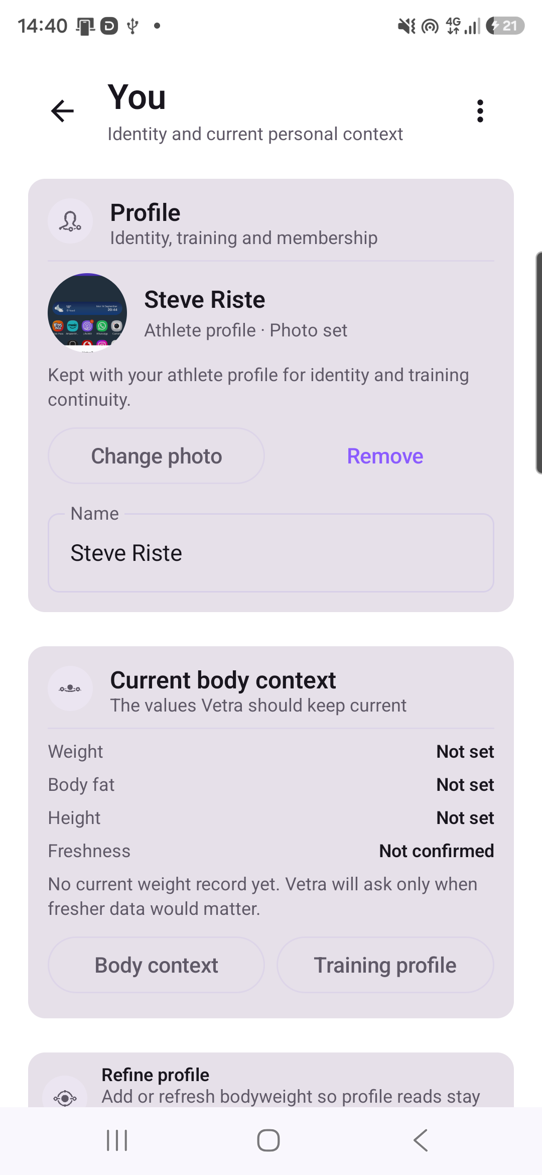 Vetra profile screen showing athlete context