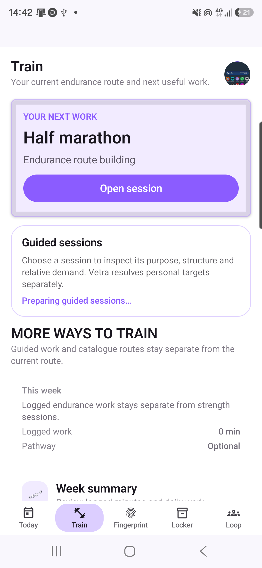 Vetra training screen showing guided training options